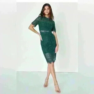 Remarkable Forest Green Sheer Lace Short Sleeve Mini Dress Size Small NWT